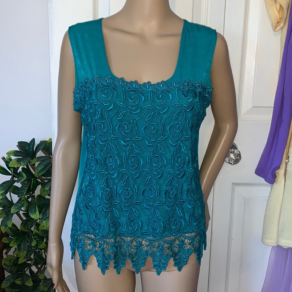 Vintage green crochet lace scoop neck sleeveless tank top M L